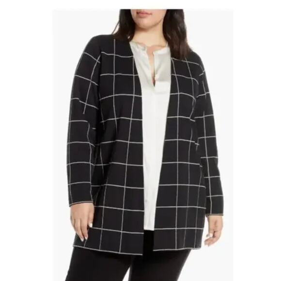 Eileen Fisher Cardigan Sweater Womens 2X Black Wool Windowpane Check Open Front